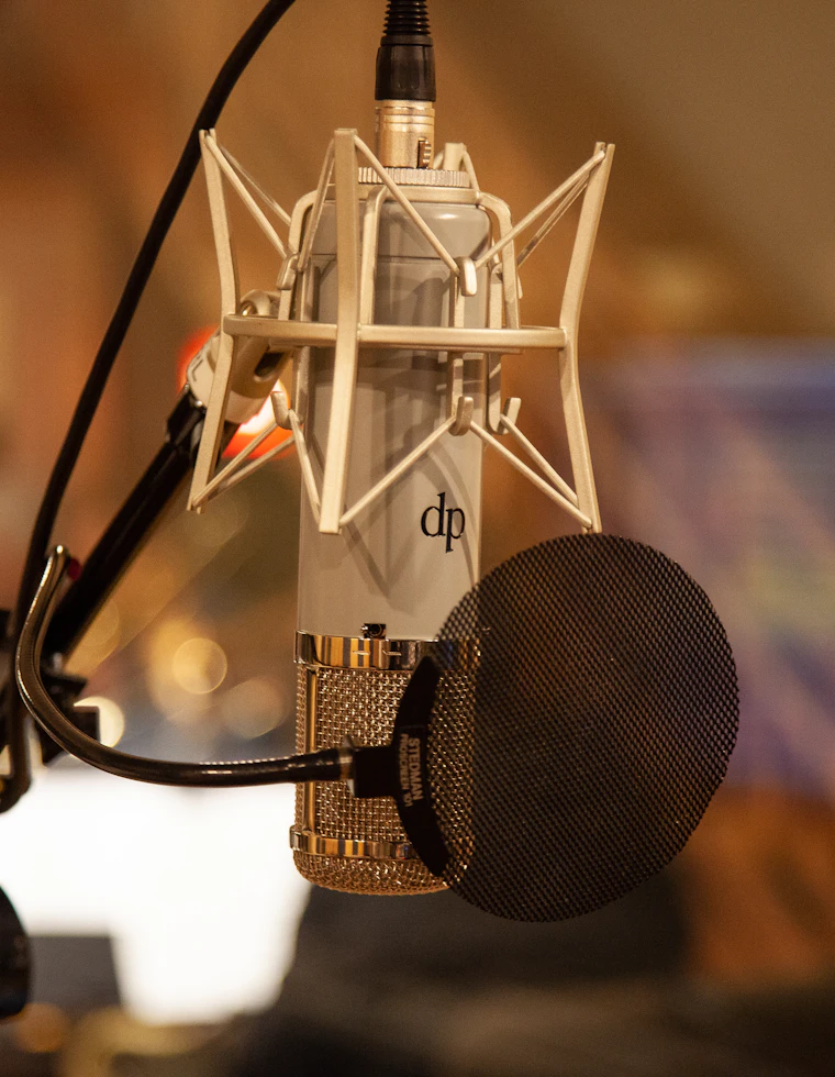 Detail studiového mikrofonu s pop filtrem před akustickým pozadím